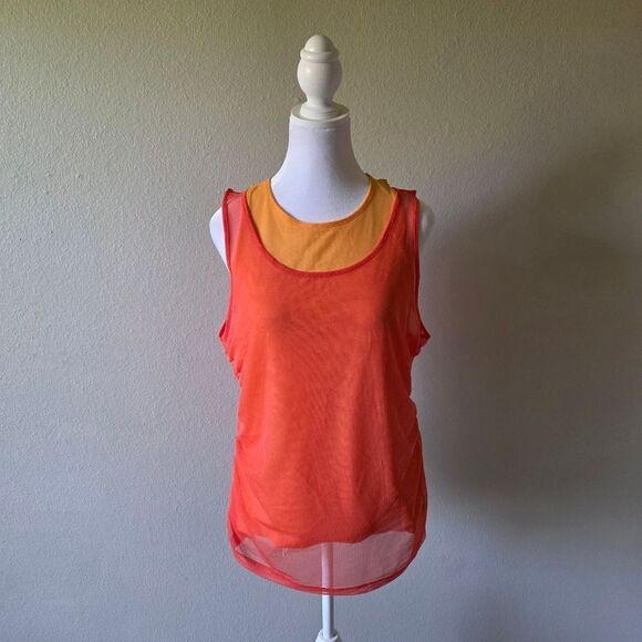 DKNY Orange Mesh Detail Crewneck Sleeveless Tank Top Large - Picture 2 of 6